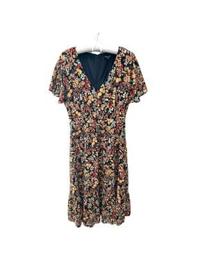 MADEWELL Floral Black Orange Yellow V-Neck Dolman Sleeve Midi Dress | Size 0